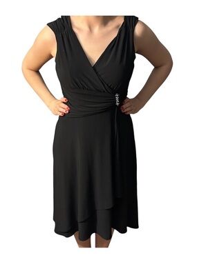 dressbarn Black V-Neck Wrap Midi Dress with Rhinestone Accent